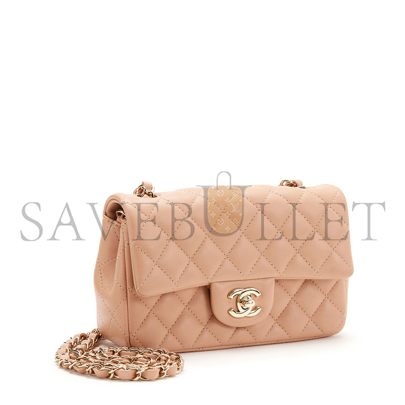 CHANEL MASTER LIGHT BEIGE QUILTED LAMBSKIN RECTANGULAR MINI CLASSIC FLAP GOLD HARDWAR AS1116 (20*12*6cm)